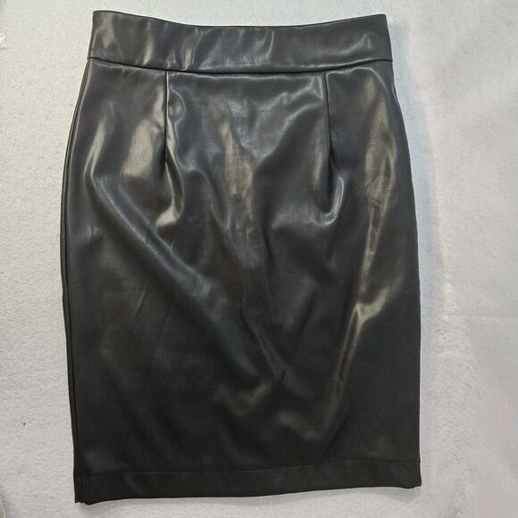 APRYLL Sz L Faux Leather Black Pencil Skirt Back Slit - Picture 1 of 4